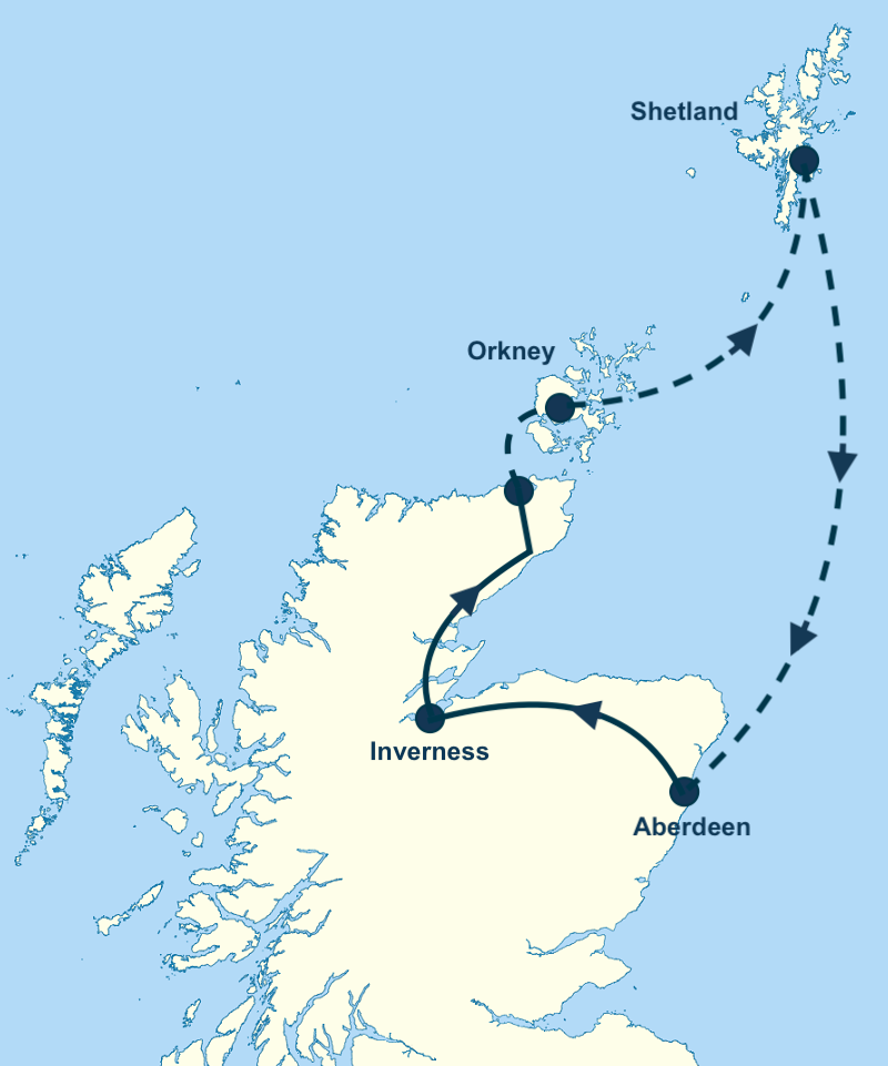 Orkney, Shetland & Highlands Private Tour Map from Inverness